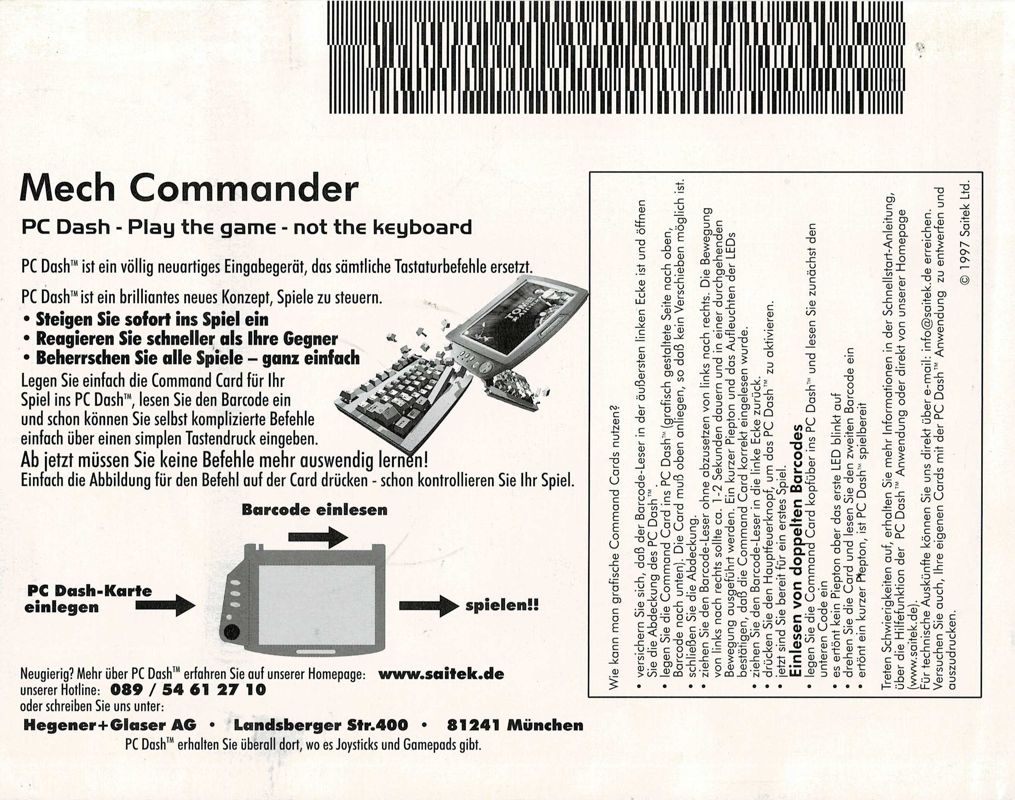 Extras for Mech Commander (Windows): PC Dash Card - Back