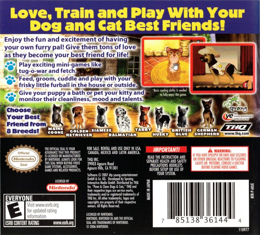 Back Cover for Paws & Claws: Best Friends - Dogs & Cats (Nintendo DS)