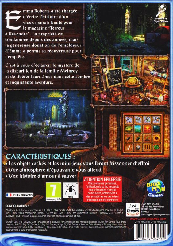 Back Cover for Fear for Sale: Mystery of McInroy Manor (Windows) (Just for Games release)