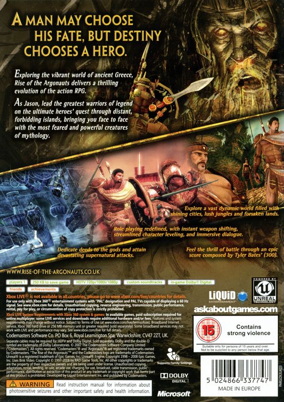 Back Cover for Rise of the Argonauts (Xbox 360)