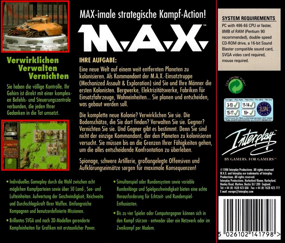 Other for M.A.X.: Mechanized Assault & Exploration (DOS): Jewel Case - Back