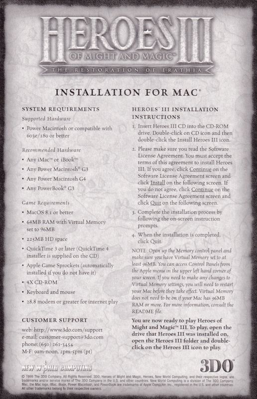 Other for Heroes of Might and Magic III: The Restoration of Erathia (Macintosh): Installation Instructions