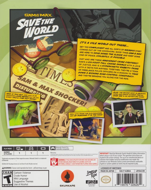 Back Cover for Sam & Max: Save the World (Collector's Edition) (Nintendo Switch) (Sleeved Box (SRG #104))