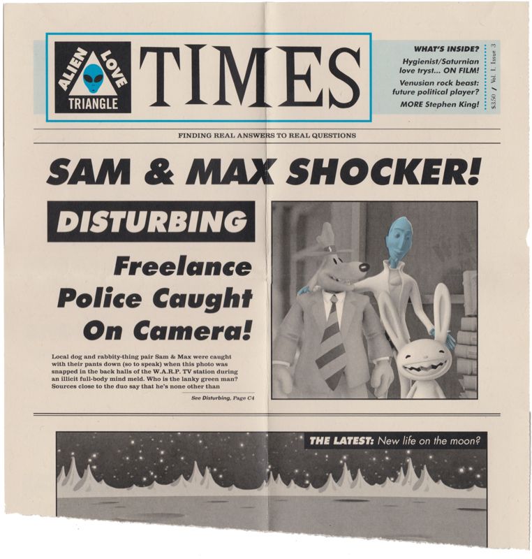 Extras for Sam & Max: Save the World (Collector's Edition) (Nintendo Switch) (Sleeved Box (SRG #104)): <i>"Alien Love Triangle Times"</i> Newspaper - Front