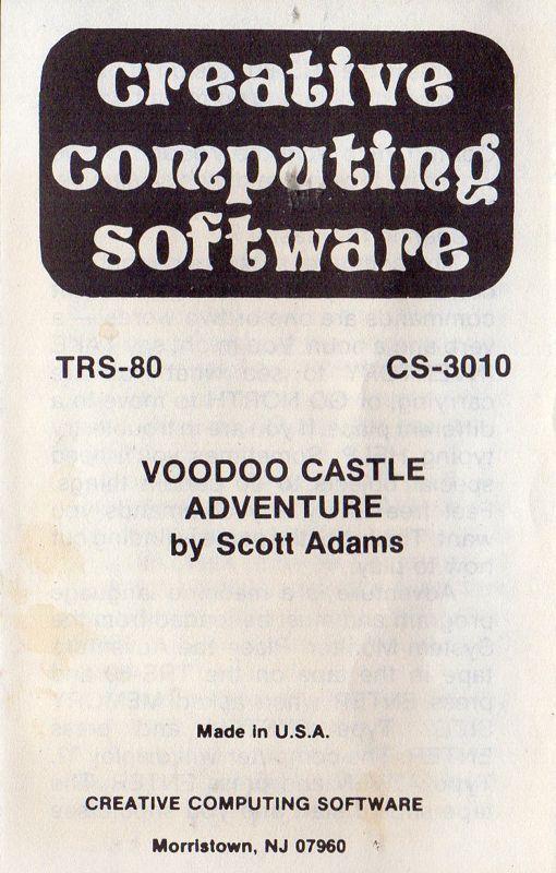 Manual for Voodoo Castle (TRS-80) (Creative Computing Software release)