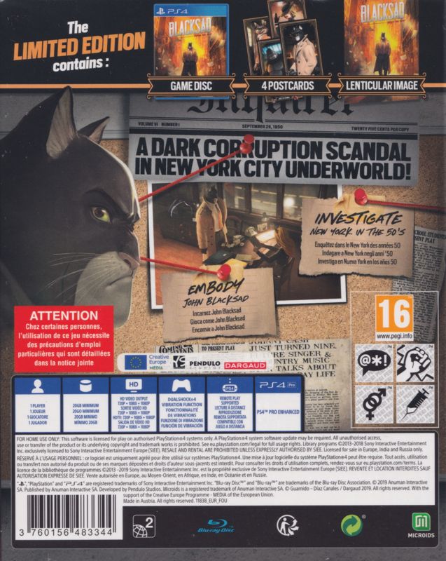 Back Cover for Blacksad: Under the Skin (Limited Edition) (PlayStation 4) (Sleeved Keep Case)
