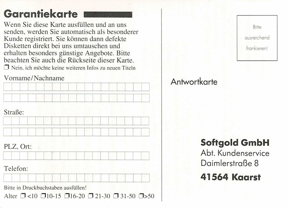 Extras for Kick Off 98 (Windows): Registration Card - Front