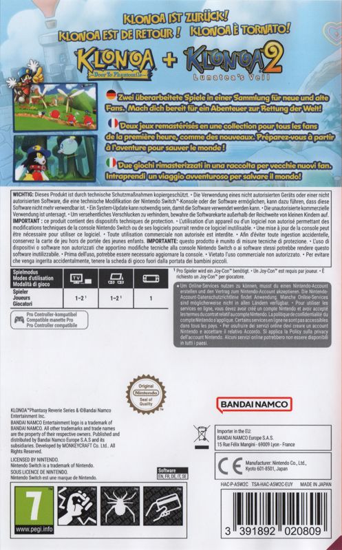 Back Cover for Klonoa: Phantasy Reverie Series (Nintendo Switch)