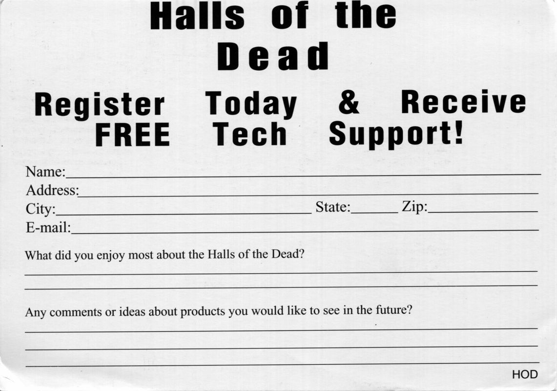 Extras for Halls of the Dead: Faery Tale Adventure II (DOS and Windows): Registration Card - Front