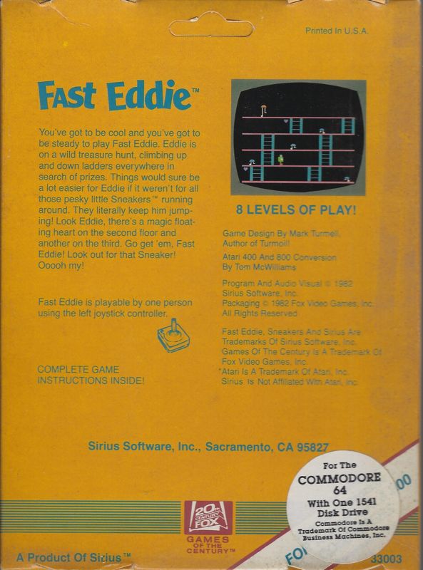 Back Cover for Fast Eddie (Commodore 64)