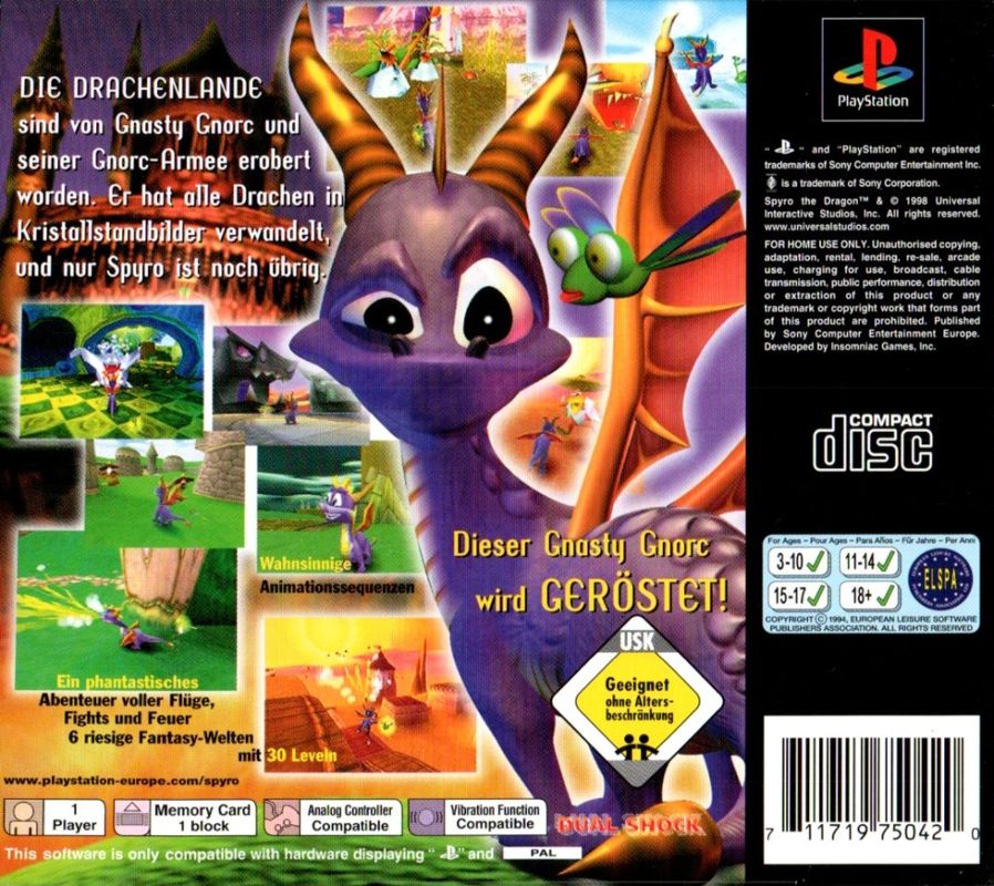 Back Cover for Spyro the Dragon (PlayStation)
