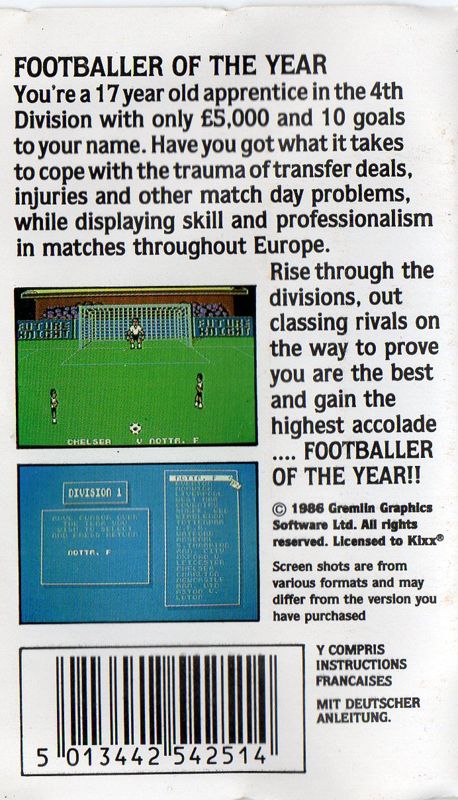 Back Cover for Footballer of the Year (Amstrad CPC) (Kixx budget release)
