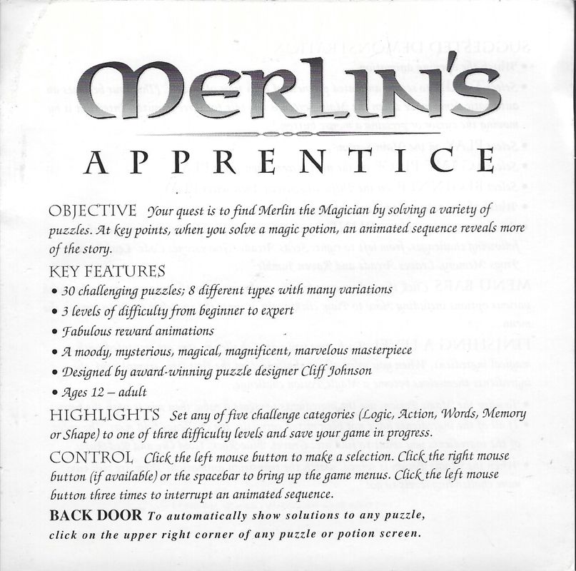 Reference Card for Merlin's Apprentice (Windows 16-bit)