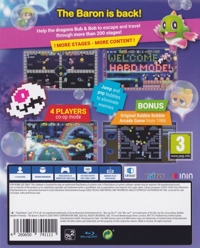 Back Cover for Bubble Bobble 4 Friends (PlayStation 4)