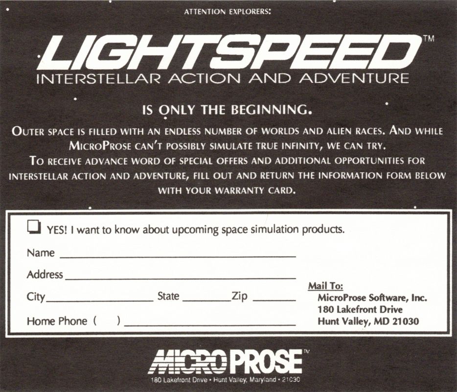 Advertisement for Lightspeed (DOS): Mailing List Signup