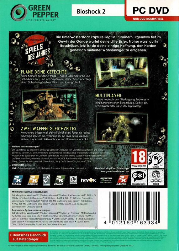 Back Cover for BioShock 2 (Windows) (Green Pepper release)