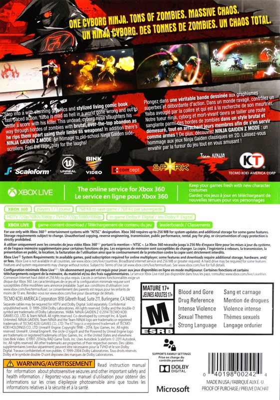 Back Cover for Yaiba: Ninja Gaiden Z (Xbox 360)