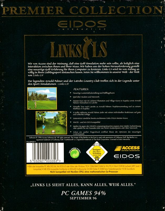 Back Cover for Links LS: Legends in Sports - 1997 Edition (DOS) (Eidos Premier Collection release)