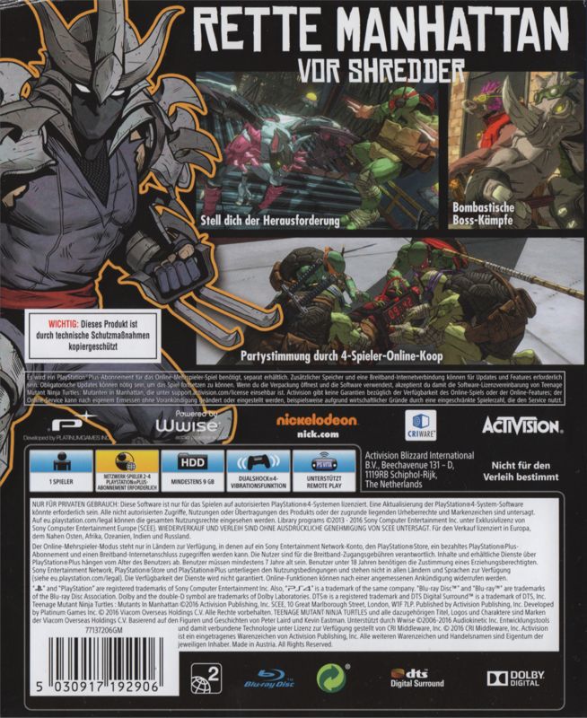 Back Cover for Teenage Mutant Ninja Turtles: Mutants in Manhattan (PlayStation 4)