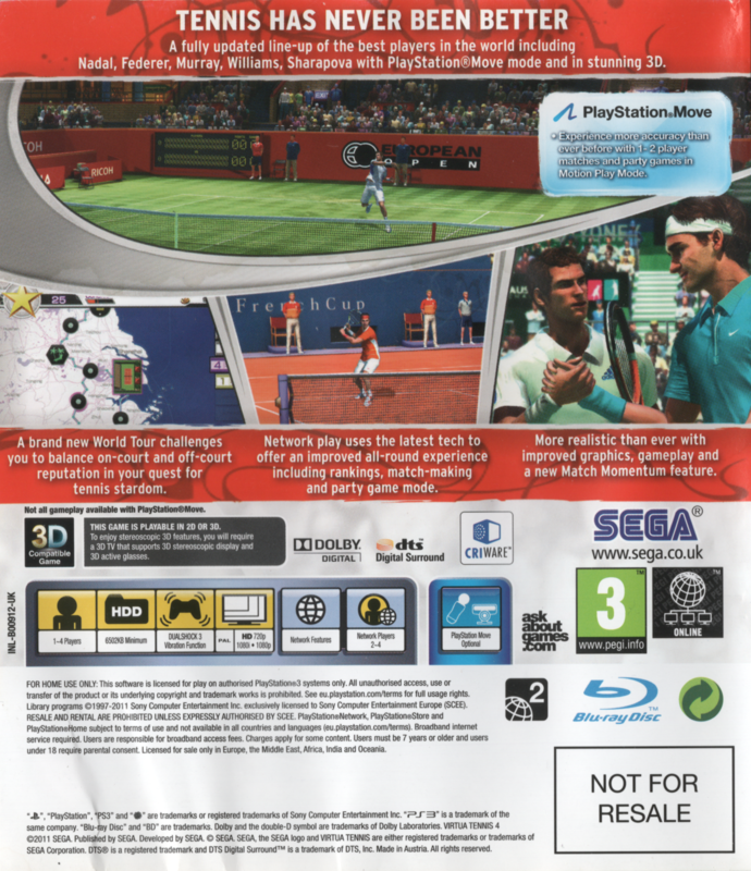 Back Cover for Virtua Tennis 4 (PlayStation 3) (Bundled with the PS3)