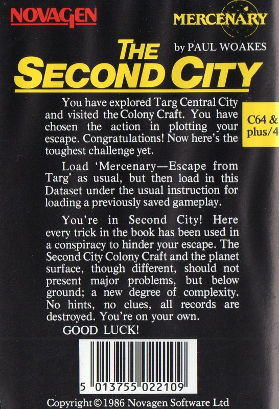 Back Cover for Mercenary: Escape from Targ - The Second City (Commodore 16, Plus/4 and Commodore 64) (Cassette release)