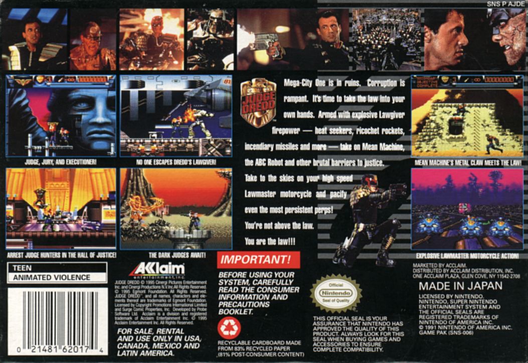 Back Cover for Judge Dredd (SNES) (Without sticker)