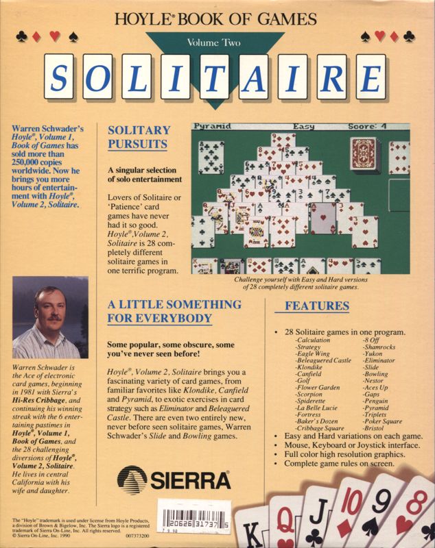 Back Cover for Hoyle: Official Book of Games - Volume 2: Solitaire (DOS) (Dual Media Release (ver #1.000.011 / Int #6.21.90 / Assembly 7.9.90))