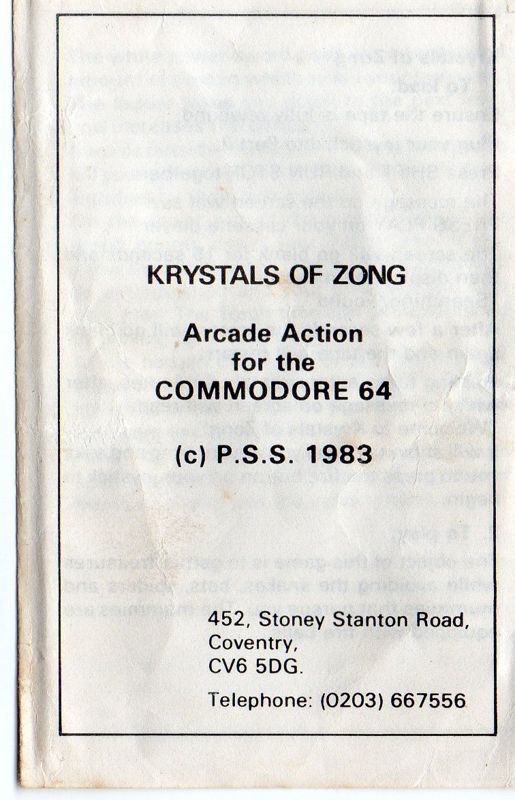 Manual for Krystals of Zong (Commodore 64): Front