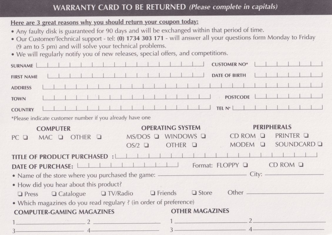 Extras for Roberta Williams' Phantasmagoria (DOS and Windows and Windows 16-bit): Registration Card - Front