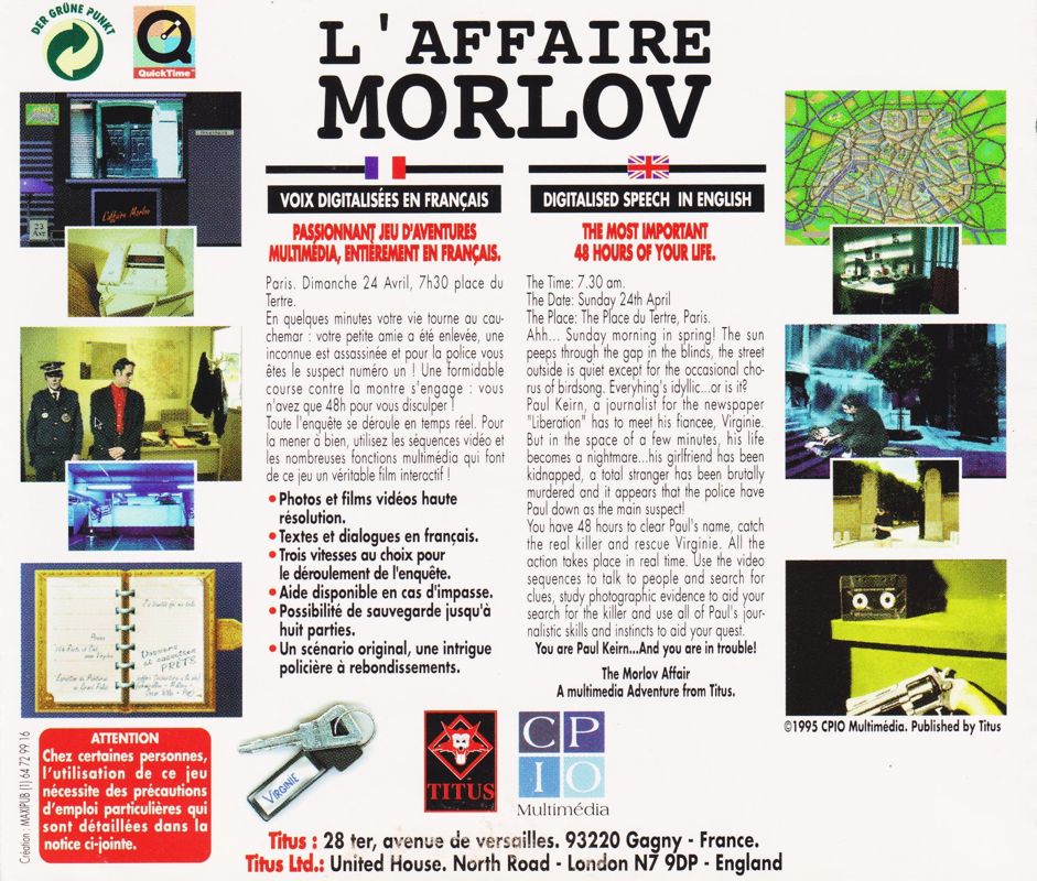 Other for The Morlov Affair (Windows 3.x): Jewel Case - Back