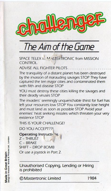 Inside Cover for Challenger (Commodore 64)