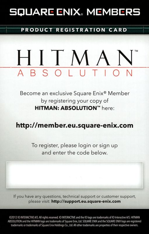 Extras for Hitman: Absolution (Windows): Registration - Front