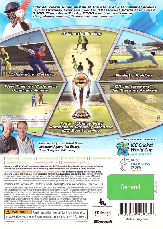 Back Cover for Brian Lara International Cricket 2007 (Xbox 360)