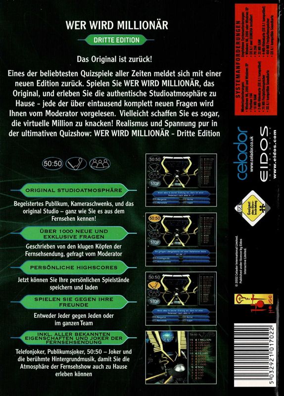 Back Cover for Who Wants to Be a Millionaire: 3rd Edition (Windows)