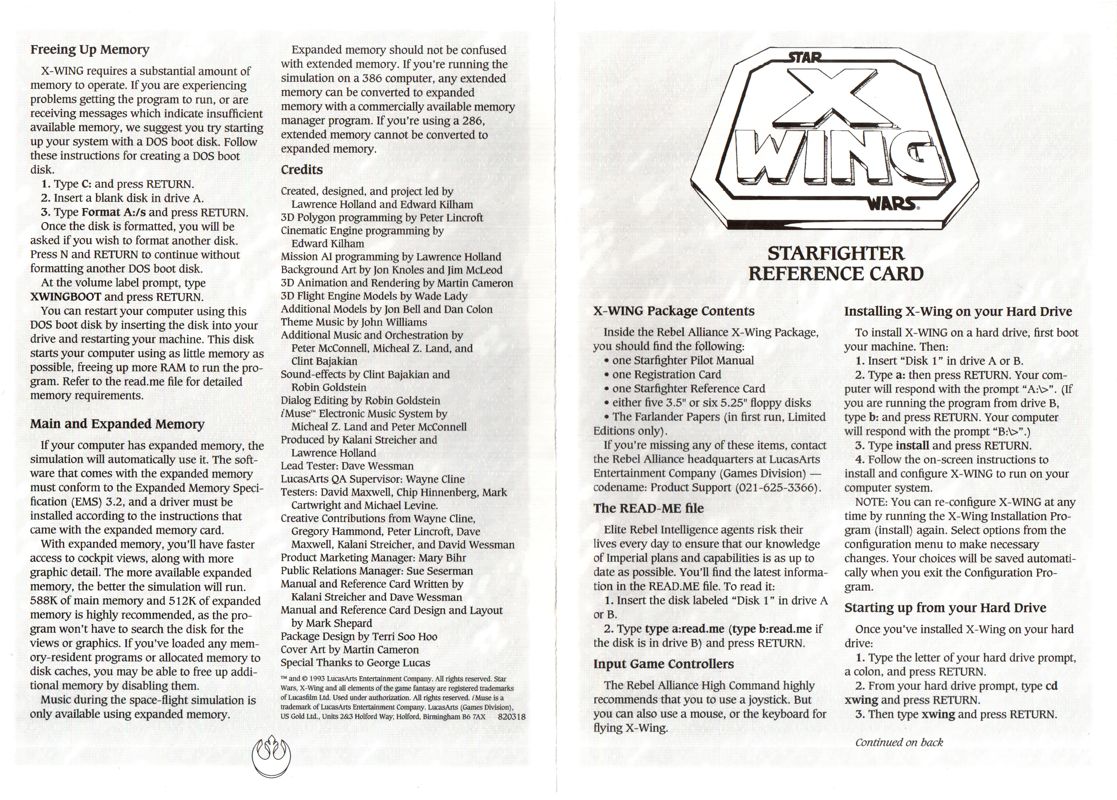 Reference Card for Star Wars: X-Wing (DOS) (Limited edition with free "X-Wing Companion Book: The Farlander Papers" (3.5inch floppy disk - 256-color release)): Front