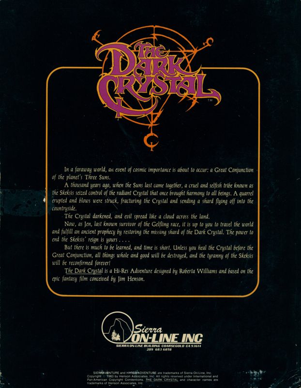 Back Cover for Hi-Res Adventure #6: The Dark Crystal (Atari 8-bit)