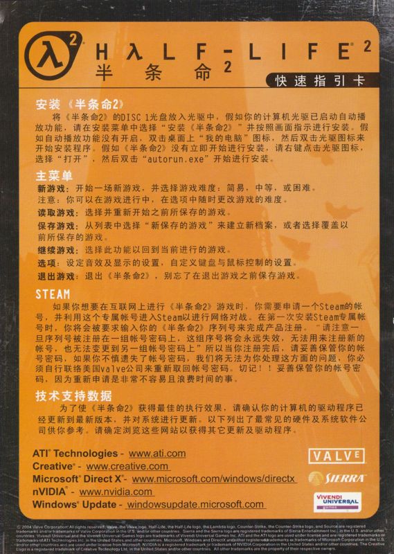 Reference Card for Half-Life 2 (Windows): Front