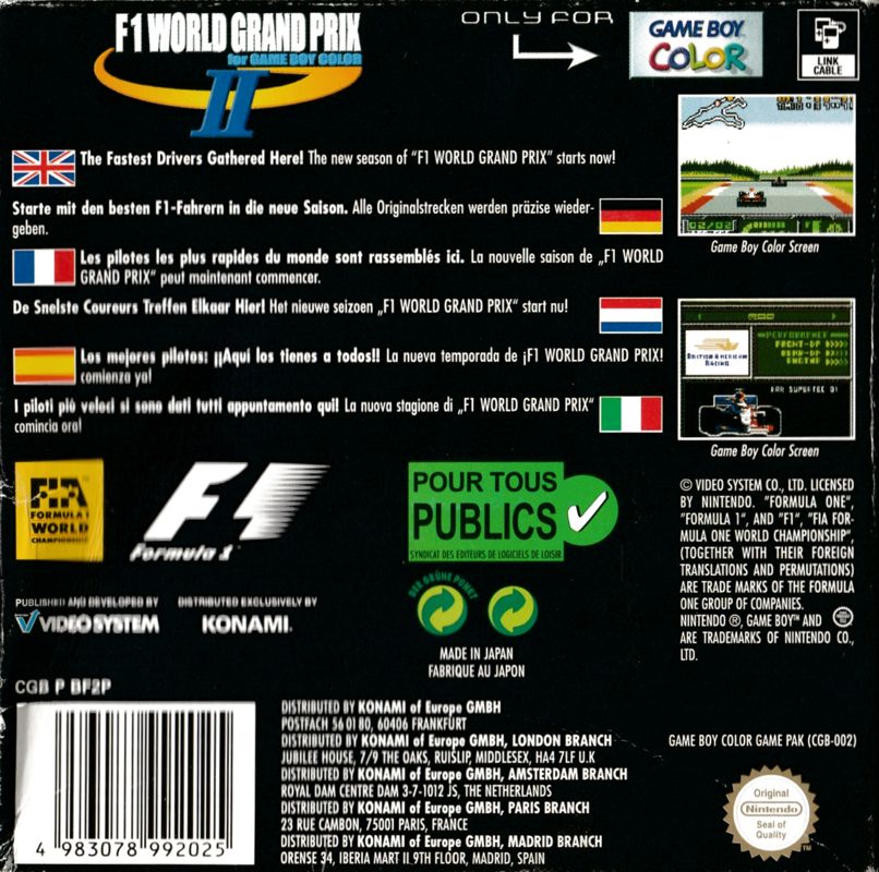 Back Cover for F1 World Grand Prix II for Game Boy Color (Game Boy Color)