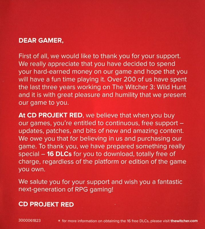 Extras for The Witcher 3: Wild Hunt (PlayStation 4): Thank You Note - Back