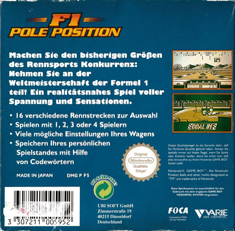 Back Cover for F1 Pole Position (Game Boy)