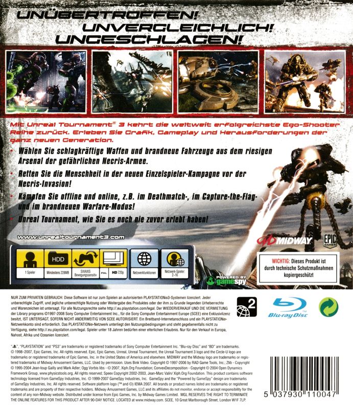 Back Cover for Unreal Tournament III (PlayStation 3)