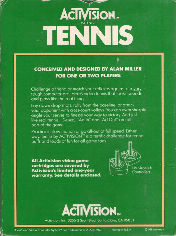 Back Cover for Tennis (Atari 2600)