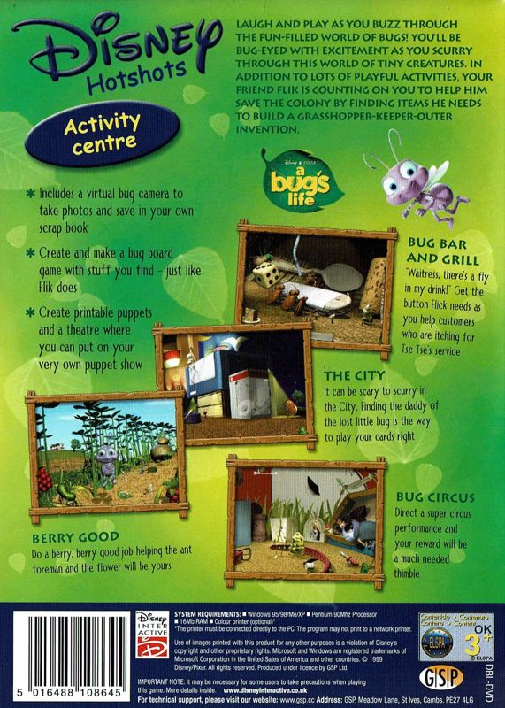 Back Cover for Disney's Activity Centre: Disney•Pixar A Bug's Life (Windows) (Disney Hotshots release)