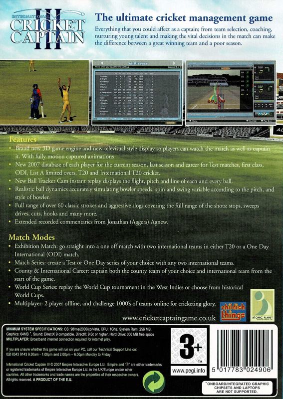 Back Cover for International Cricket Captain III (Windows)