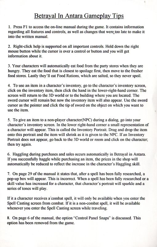 Reference Card for Betrayal in Antara (Windows and Windows 16-bit): Gameplay Tips