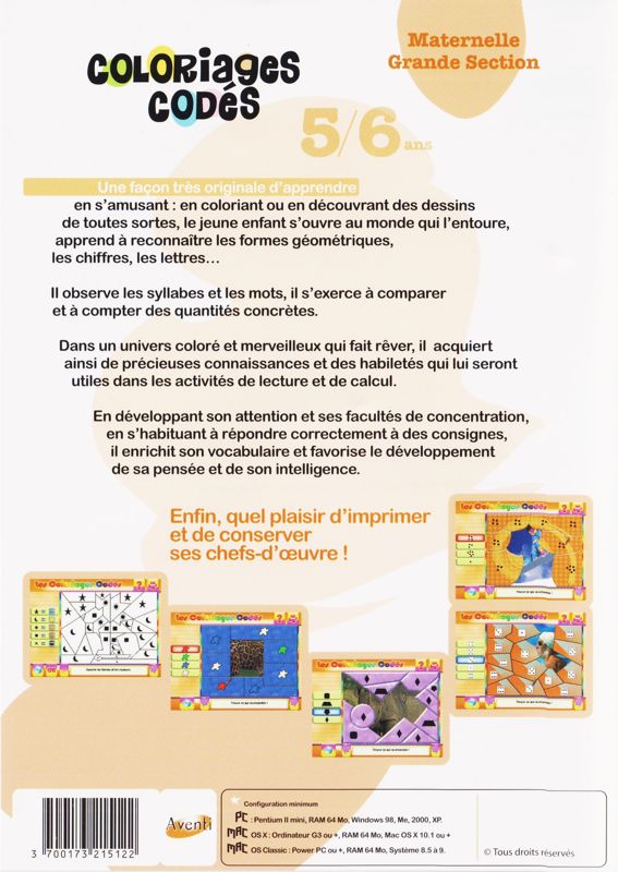 Back Cover for Coloriages Codés: Maternelle Grande Section (Macintosh and Windows)