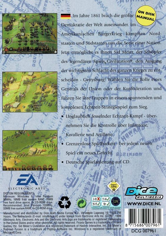 Back Cover for Sid Meier's Gettysburg! (Windows) (Dice Multimedia release)