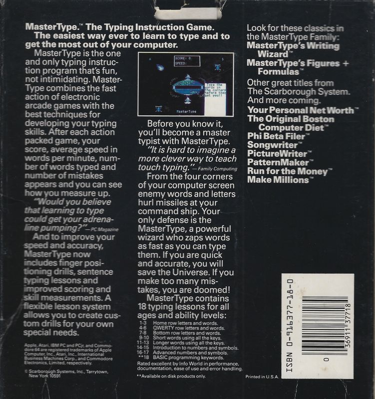 Back Cover for MasterType (PC Booter) (5.25" Release (New Improved label version in 1984))