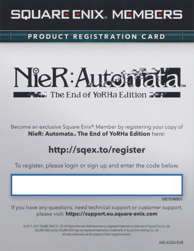 Extras for NieR: Automata (Game of the YoRHa Edition) (Nintendo Switch): Square Enix Registration Flyer - Front