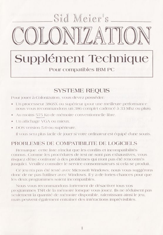Extras for Sid Meier's Colonization (DOS): Supplément Technique - Front (12-page)